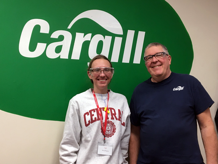 A Central College student participating in an internship with Cargill.